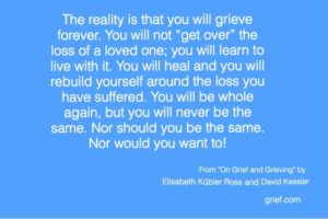 Grief Quote by Elisabeth Kubler-Ross and David Kessler from book On Grief and Grieving pg 230 (2); The reality is that you will grive forever. You will not "get over" the loss of a loved one; you will learn to live with it. you will heal and you will rebuild yourself around the loss you have suffered. You will be whole again but you will never be the same. Nor should you be the same. Nor would you want to!